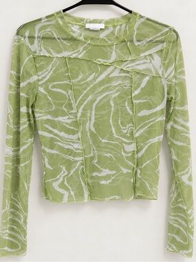 Persaya Light Green & White Wave-Print Sheer Long Sleeve Tee